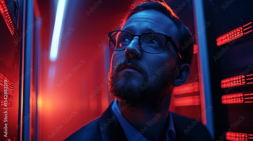 Poster data center technician monitoring server operations high-tech facility portrait futuristic environme