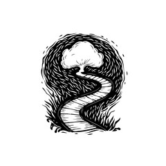 Whimsical path winds through a dark forest with a single tree in cartoon style