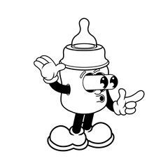 Retro character design from baby bottle shocked outline