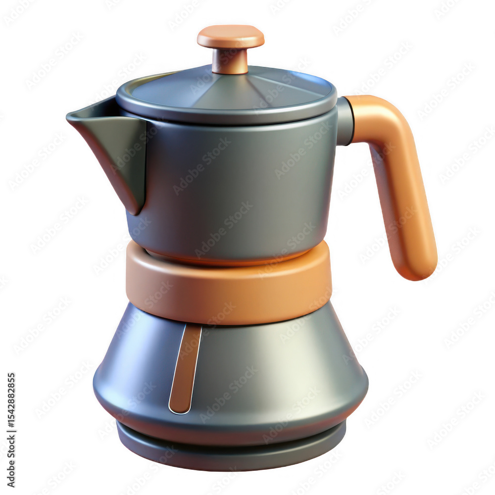 Poster a metallic coffee maker with an orange handle is isolated on transparent background