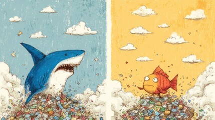 A large shark and a small fish struggling through a pile of garbage.