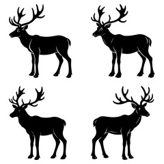 Four black silhouette deer with large antlers standing in various poses on a white background art