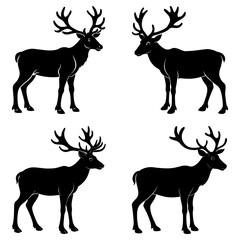 Four silhouette deer with large antlers standing in various poses on a white background design image