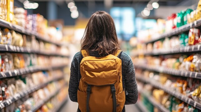 Woman with backpack shopping in grocery store aisle with shelves full of colorful packaged products and bright lighting