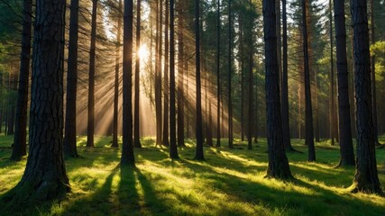 Obraz premium Sunlight streams through a dense forest.