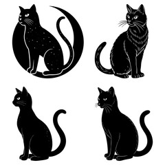 Four black cats in different poses one with moon crescent in a vector illustration on white background