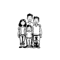 Happy Family Portrait Illustration in Black and White Cartoon Style Design