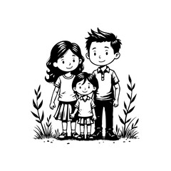 A cheerful cartoon family portrait showcasing unity and happiness in black and white