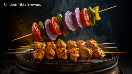 A dramatic food photography shot of grilled chicken tikka skewers with flying fresh vegetables against a dark background.