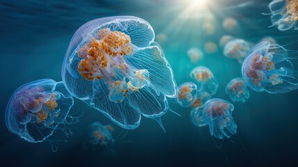 Jellyfish in a deep blue ocean.