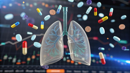 Transparent lungs with bronchial tubes surrounded by floating colorful pills and capsules, against a blurred medical data background.