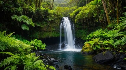 Lush waterfall cascading into a tranquil pool amidst a dense, vibrant rainforest.