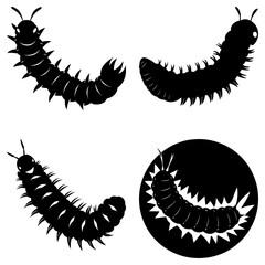 Collection of four caterpillar silhouettes in various poses on a white background design layout