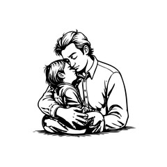 A tender moment: Father embracing child, a black and white heartfelt illustration