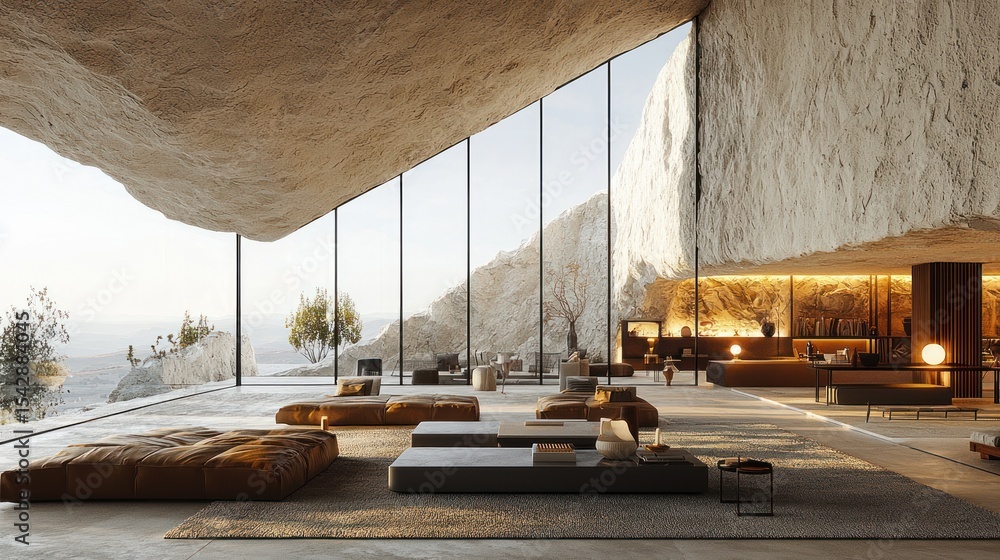 Poster modern cave-like architecture with expansive views.