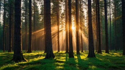 Sunlight streams through a dense forest.