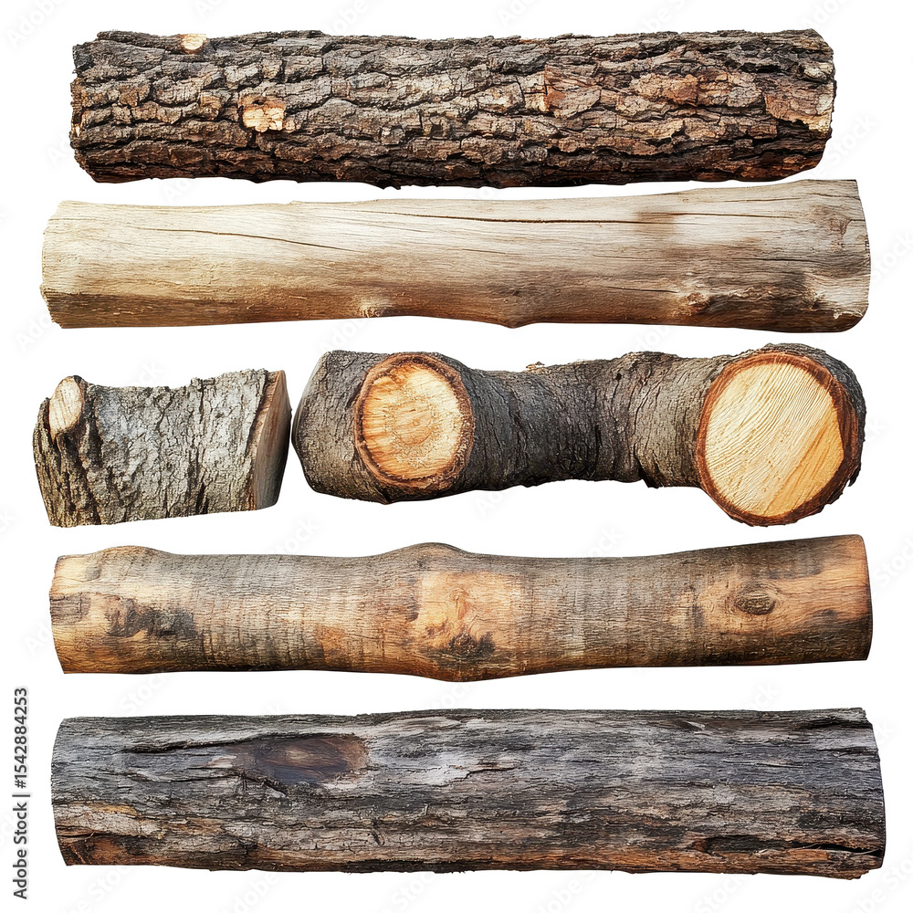 Poster different types of old wood logs on a transparent background to showcase natural textures and colors