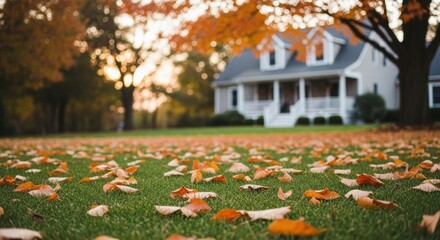 Autumn leaves on lawn near house