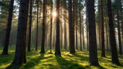 Obraz premium Sunlight streams through a dense pine forest.