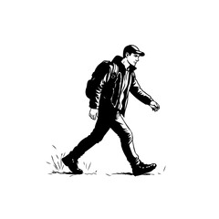 Monochrome illustration of a male figure walking with backpack in minimalist style