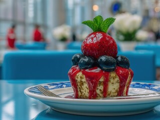 Berry cheesecake dessert on blue