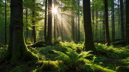 Obraz premium Sunlight streams through a lush forest floor covered in ferns and moss.