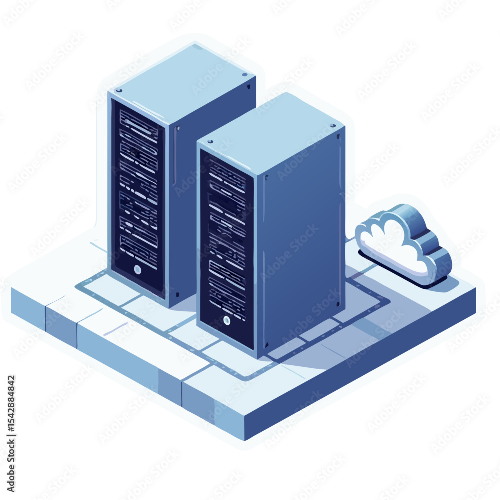 Aufkleber isometric illustration of two server racks with a cloud icon representing cloud computing