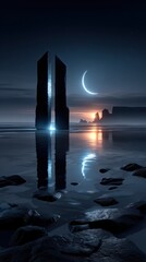 Mystical futuristic tower by water
