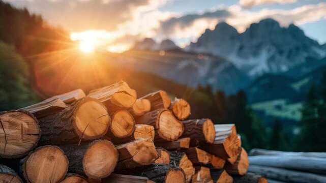 A pile of logs, with mountains and sun in the background. The sun's rays shine brightly, illuminating the scene