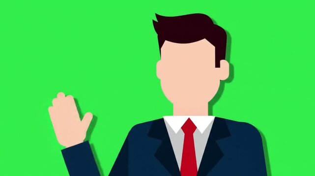 Animated Faceless Business Man Waving Hand on Green Screen, Hi, Hello Concept