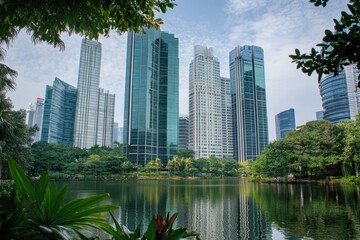 Obraz premium Business center view among highrise buildings with a serene lake and greenery in the city, business center among high-rise buildings, smooth movement of the camera along the buildings