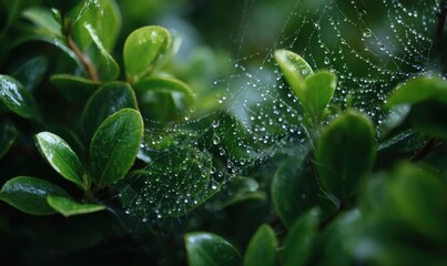 Close up shot of green leaves and a spiderweb covered in water droplets in natural light outdoors