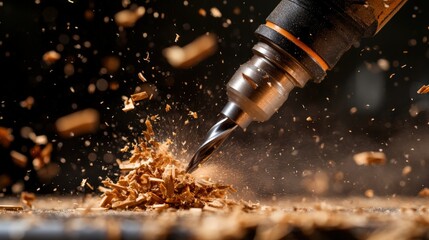 Close-up of a drill bit cutting through wood with flying wood shavings and sparks in a workshop