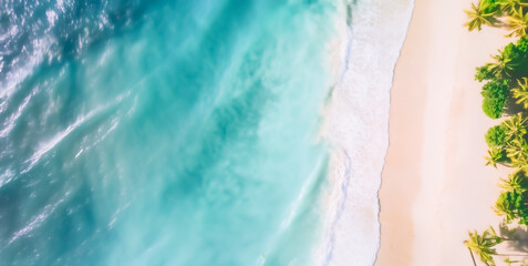 Aerial view of blue sea and white sandy beach.
