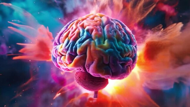 Brain amidst a vibrant explosion of colors, symbolizing thought and imagination
