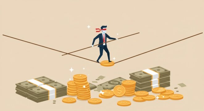 Blindfolded Businessman Balancing on Tightrope Above Money Piles Risk, Uncertainty, and Financial Instability