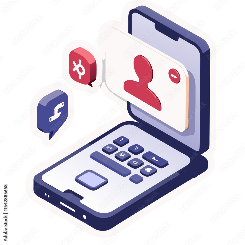 Aufkleber isometric smartphone interface displaying contact information and social media notifications on blac