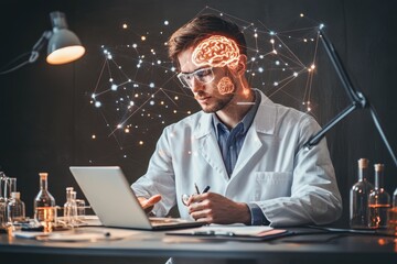 Data processing in neuroscience with molecular visualization in a laboratory setting, data processing with molecules and brains over caucasian male surgeon in hospital