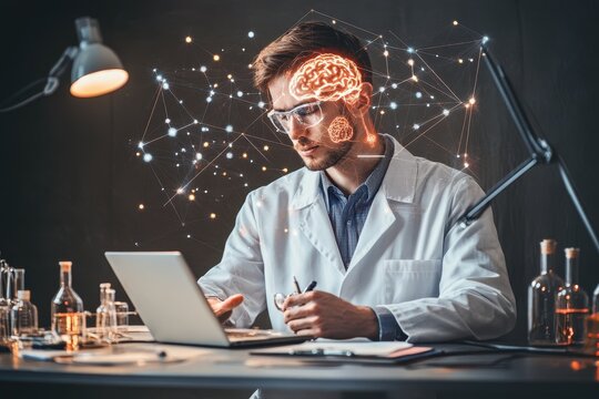 Data processing in neuroscience with molecular visualization in a laboratory setting, data processing with molecules and brains over caucasian male surgeon in hospital - Powered by Adobe