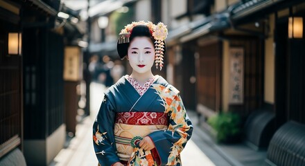 花街を歩く舞妓の優雅な姿