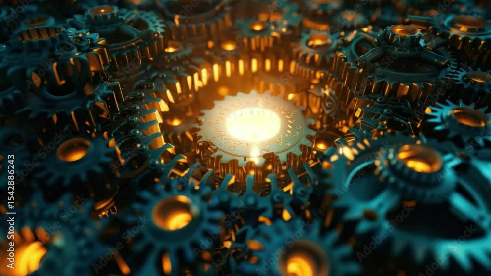 Aufkleber intricate gears surrounding a glowing light source, symbolic of complex systems and innovation.