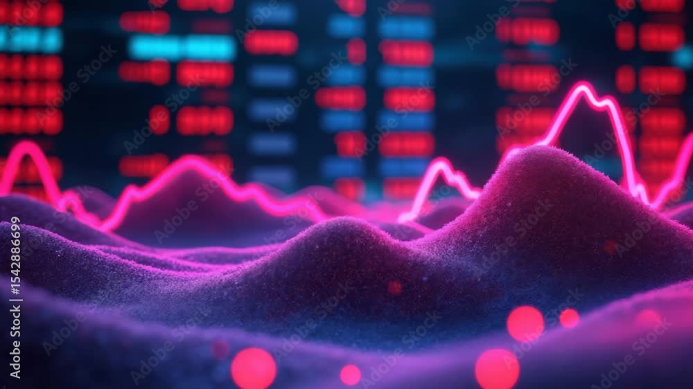 Poster abstract digital landscape with vibrant peaks and data visualizations.