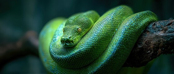 A green tree python coiled on a branch with visible scales and a focused gaze in a dark environment