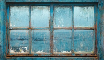 Aged blue window frame with sea view