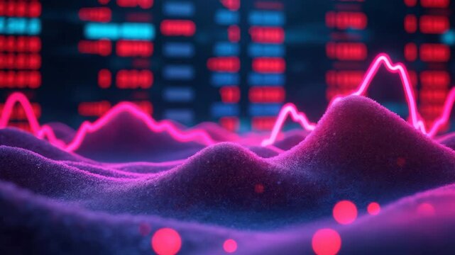 Abstract digital landscape with vibrant peaks and data visualizations.