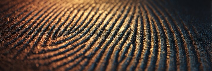 A close up shot of a fingerprint with detailed ridges and golden lighting illuminating the pattern