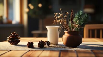 Cozy holiday decoration scene featu pine cones, a ceramic pitcher, and a floral arrangement in a warm kitchen setting