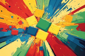 Fototapeta premium Colorful explosion of squares in pop art style evokes energy and creativity in abstract design, squares colors and boomb explosion pop art style
