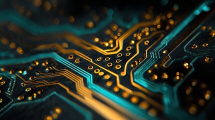 A close up view of a circuit board with gold and teal lines creating an abstract technology pattern