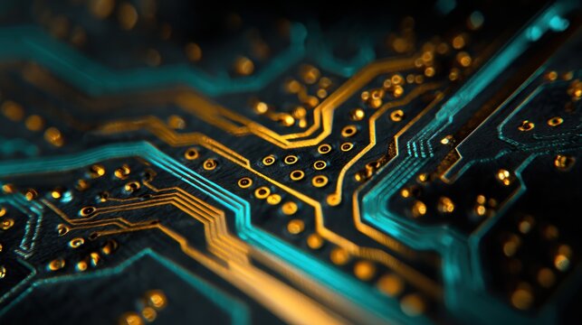 A close up view of a circuit board with gold and teal lines creating an abstract technology pattern - Powered by Adobe